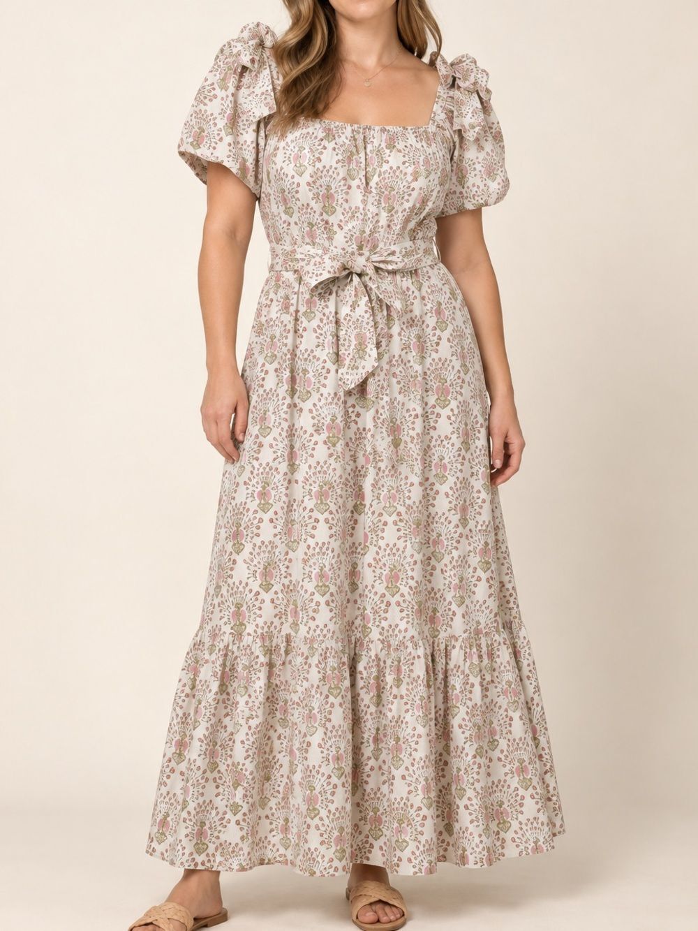 Mirth Square Neck Peacock Print Cotton Maxi Dress Sz. L